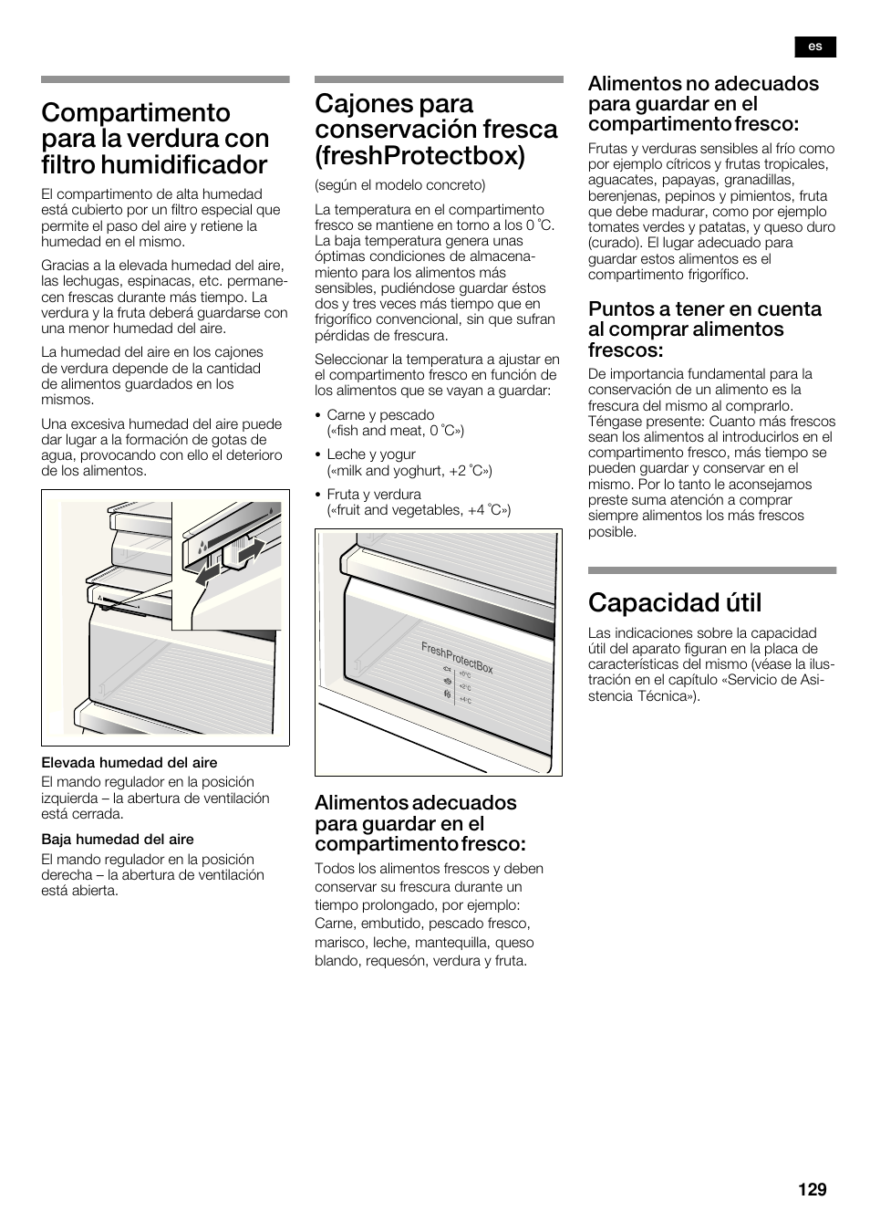 Cajones para conservación fresca (freshprotectbox), Capacidad útil | Neff K5950N1 User Manual | Page 129 / 140