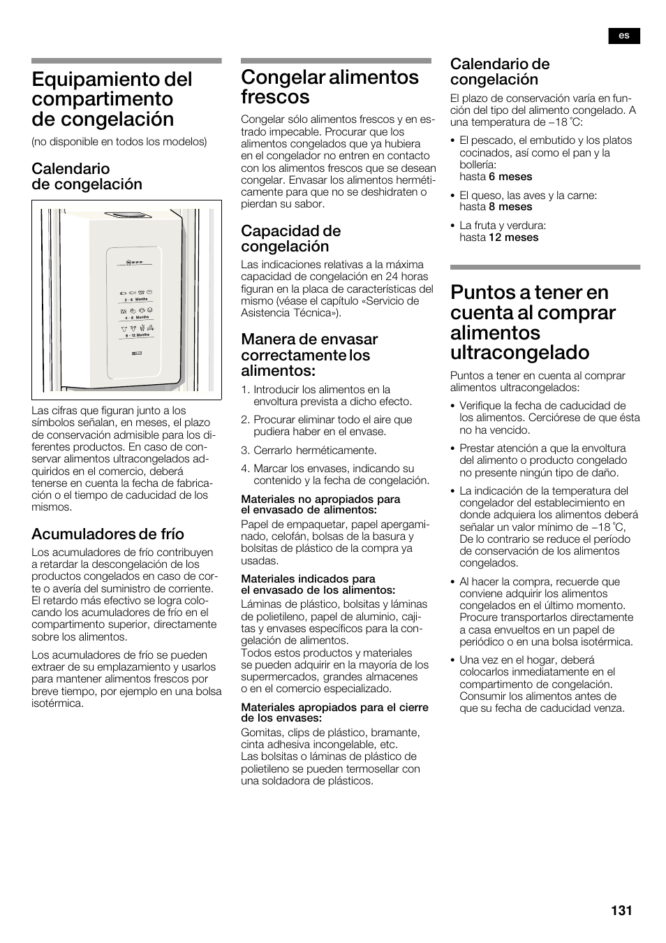 Equipamiento del compartimento de congelación, Congelar alimentos frescos, Calendario de congelación | Acumuladores de frío, Capacidad de congelación, Manera de envasar correctamente los alimentos | Neff K5950N1 User Manual | Page 131 / 140