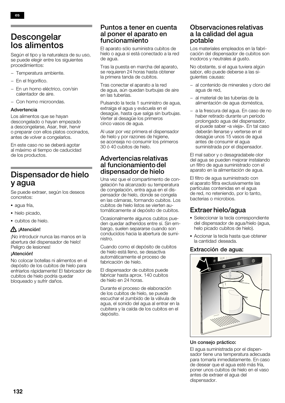 Descongelar los alimentos, Dispensador de hielo y agua, Extraer hielo/agua | Neff K5950N1 User Manual | Page 132 / 140