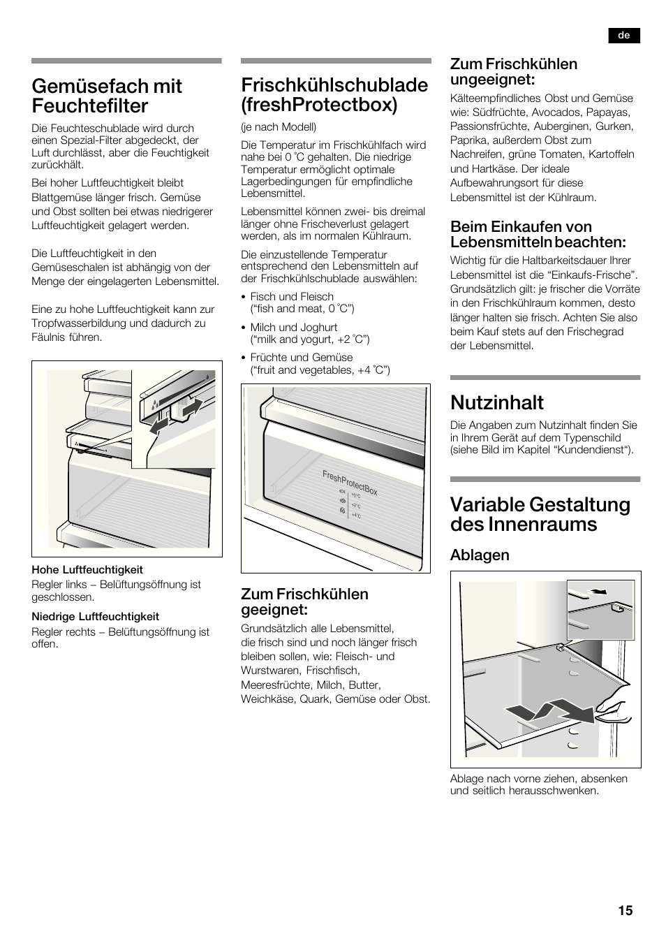 Gemüsefach mit feuchtefilter, Frischkühlschublade (freshprotectbox), Nutzinhalt | Variable gestaltung des innenraums, Zum frischkühlen geeignet, Zum frischkühlen ungeeignet, Beim einkaufen von lebensmitteln beachten, Ablagen | Neff K5950N1 User Manual | Page 15 / 140