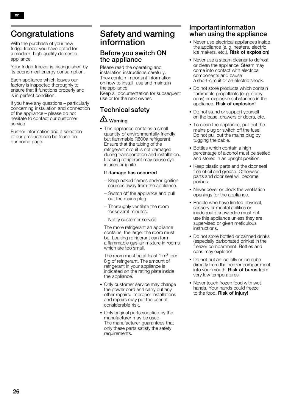 Safety and warning information, Before you switch on the appliance, Technical safety | Important information when using the appliance | Neff K5950N1 User Manual | Page 26 / 140
