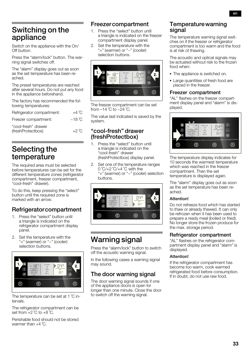 Switching on the appliance, Selecting the temperature, Warning signal | Refrigerator compartment, Freezer compartment, Coolćfresh" drawer (freshprotectbox), The door warning signal, Temperature warning signal | Neff K5950N1 User Manual | Page 33 / 140