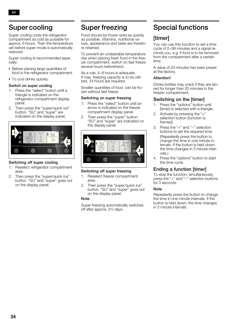 Super cooling, Super freezing, Special functions | Timer | Neff K5950N1 User Manual | Page 34 / 140