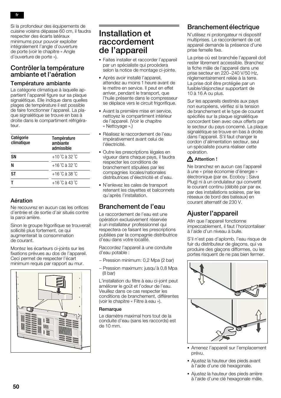 Installation et raccordement de l'appareil, Contrôler la température ambiante et l'aération, Branchement de l'eau | Branchement électrique, Ajuster l'appareil | Neff K5950N1 User Manual | Page 50 / 140