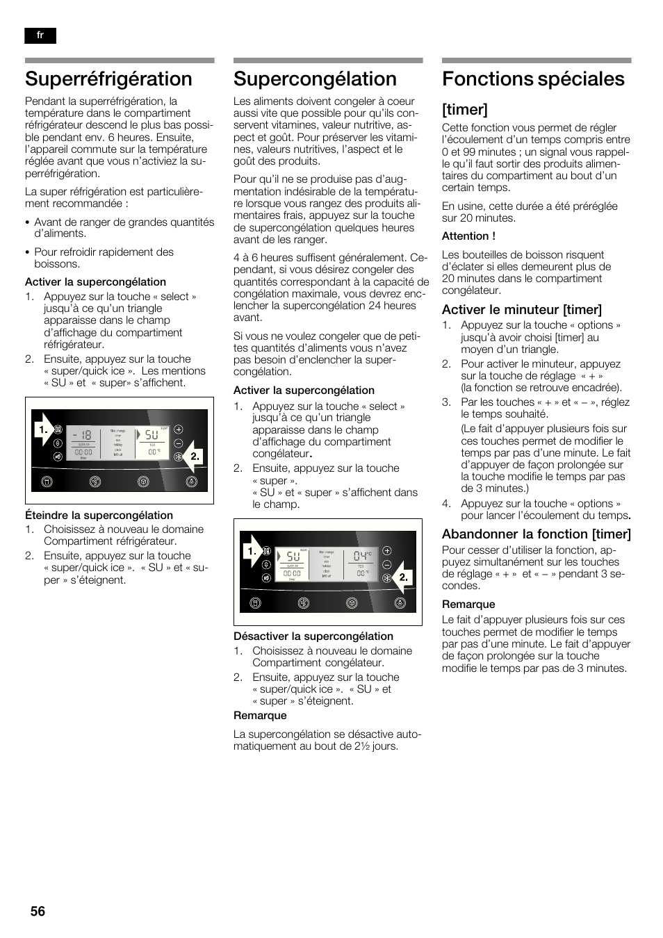 Superréfrigération, Supercongélation, Fonctions spéciales | Timer | Neff K5950N1 User Manual | Page 56 / 140