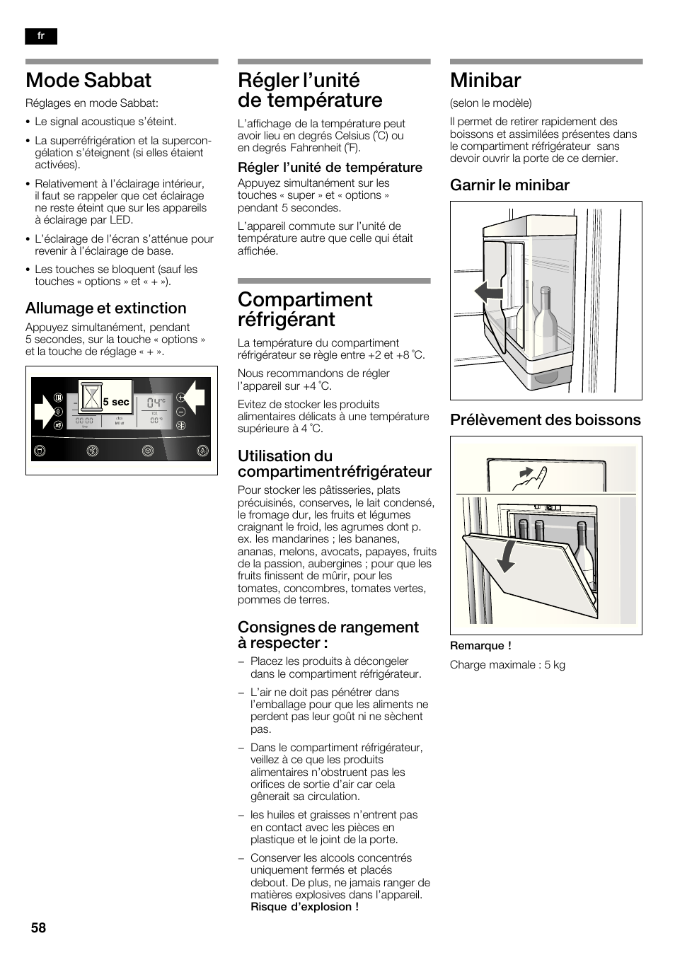 Mode sabbat, Régler l'unité de température, Compartiment réfrigérant | Minibar, Allumage et extinction, Utilisation du compartiment réfrigérateur, Consignes de rangement à respecter, Garnir le minibar prélèvement des boissons | Neff K5950N1 User Manual | Page 58 / 140