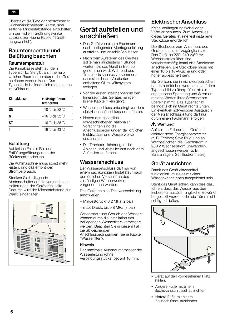 Gerät aufstellen und anschließen, Raumtemperatur und belüftung beachten, Wasseranschluss | Elektrischer anschluss, Gerät ausrichten | Neff K5950N1 User Manual | Page 6 / 140