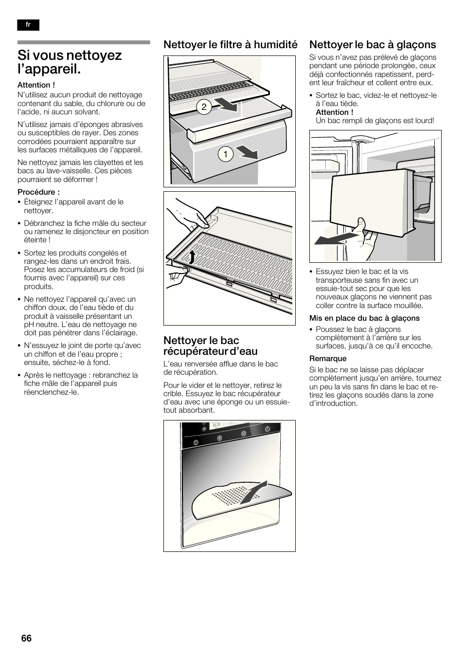 Si vous nettoyez l'appareil, Nettoyer le bac à glaçons | Neff K5950N1 User Manual | Page 66 / 140