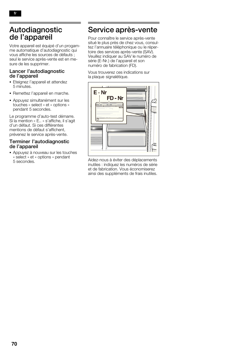 Autodiagnostic de l'appareil, Service aprèsćvente | Neff K5950N1 User Manual | Page 70 / 140
