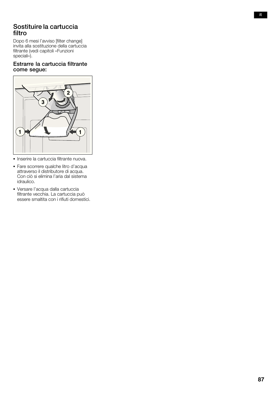 Sostituire la cartuccia filtro | Neff K5950N1 User Manual | Page 87 / 140
