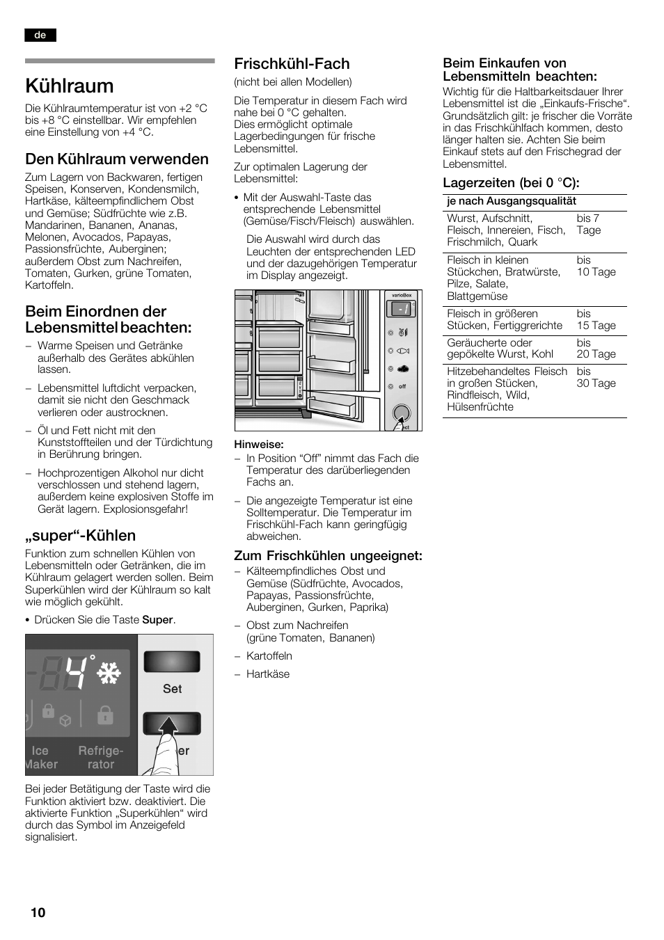 Kühlraum, Den kühlraum verwenden, Beim einordnen der lebensmittel beachten | Ęsuperćkühlen, Frischkühlćfach | Neff K3990X7 User Manual | Page 10 / 240