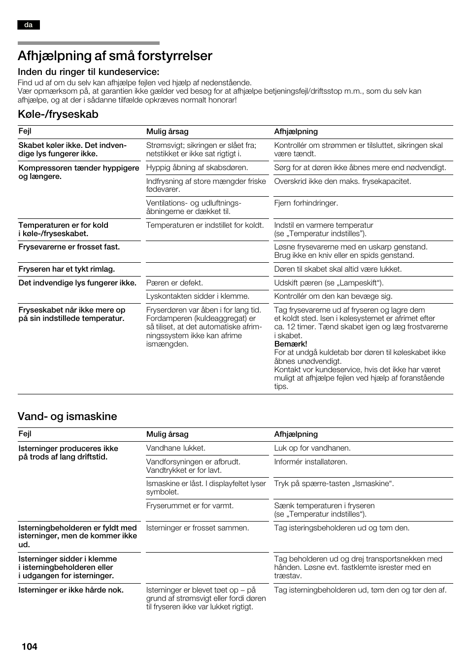 Afhjælpning af små forstyrrelser, Køleć/fryseskab, Vandć og ismaskine | Neff K3990X7 User Manual | Page 104 / 240