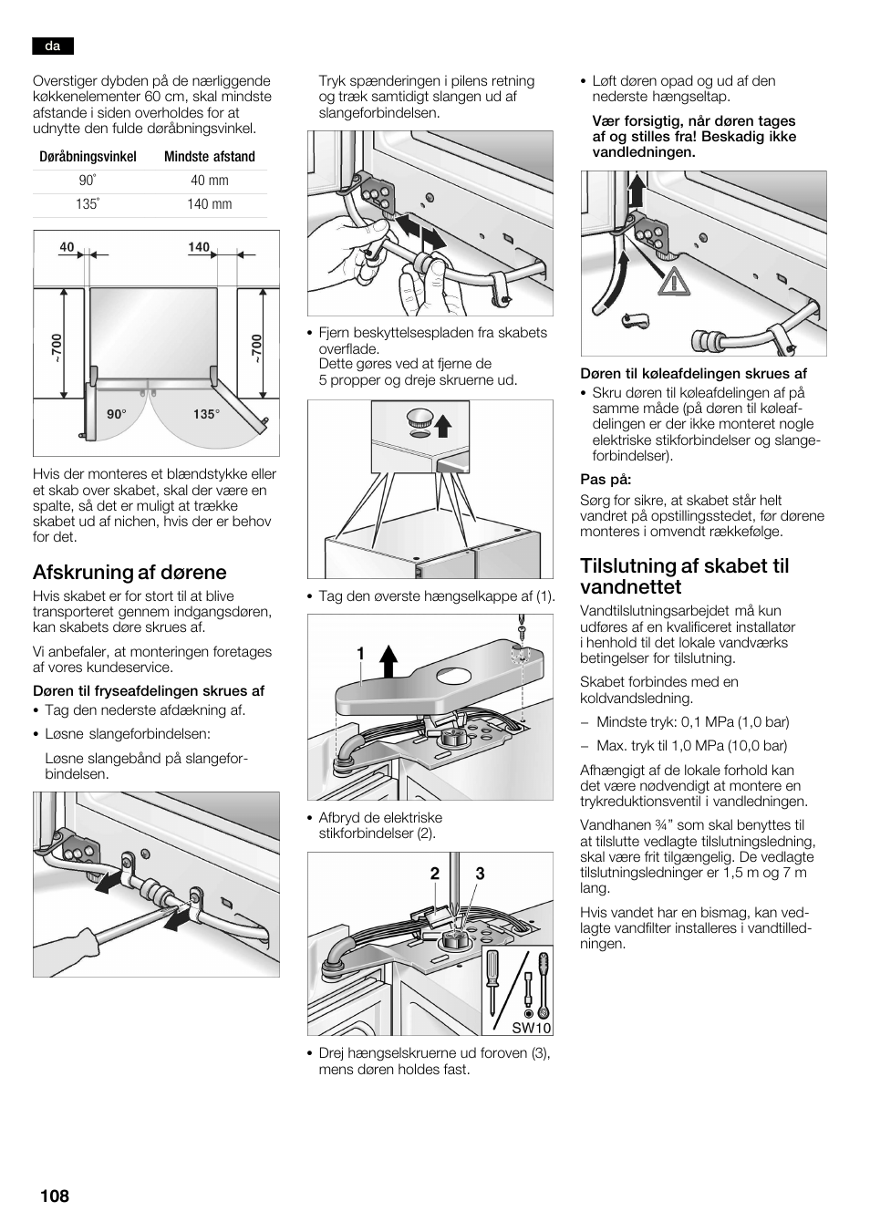 Afskruning af dørene, Tilslutning af skabet til vandnettet | Neff K3990X7 User Manual | Page 108 / 240