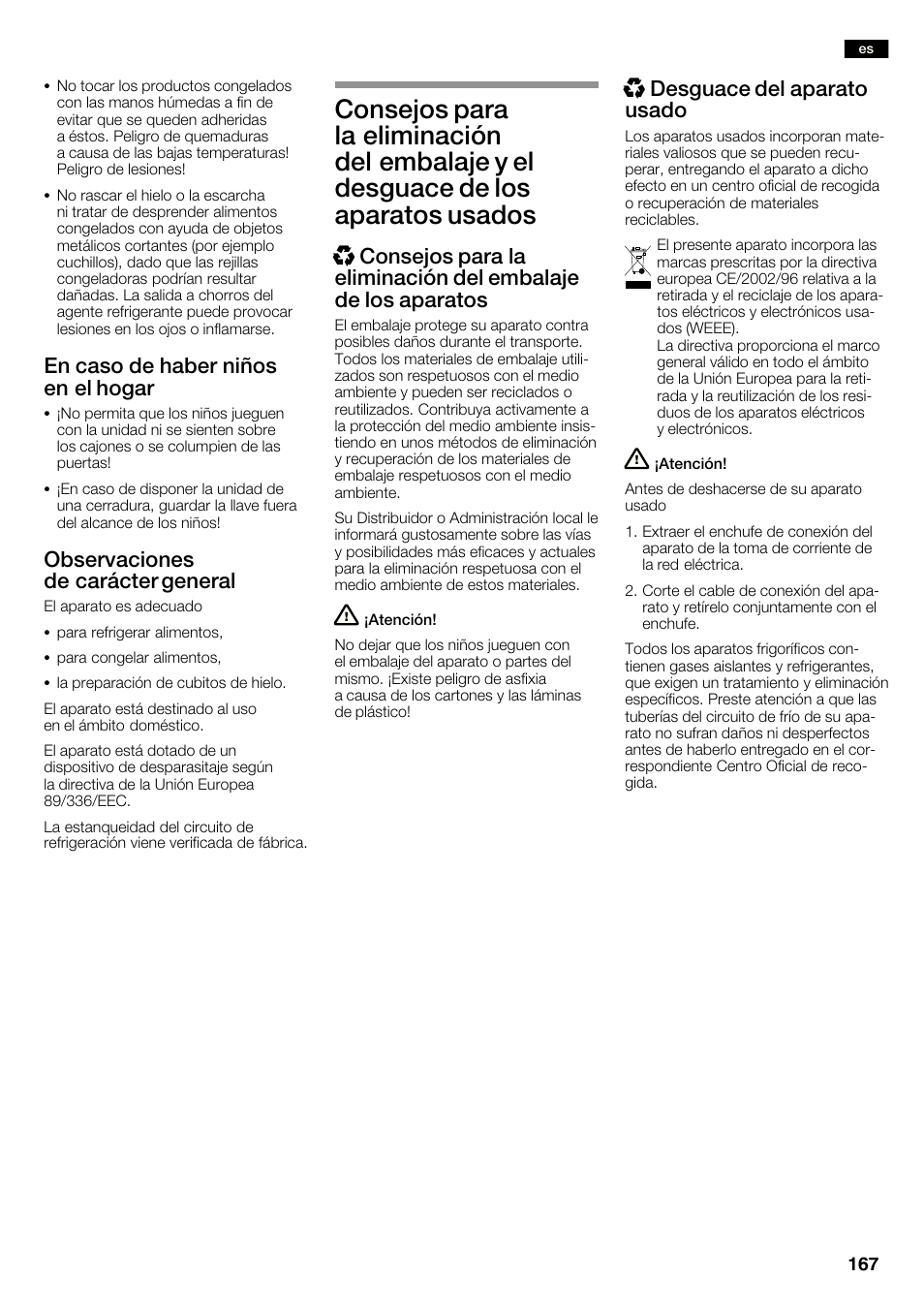 En caso de haber niños en el hogar, Observaciones de carácter general, Xdesguace del aparato usado | Neff K3990X7 User Manual | Page 167 / 240