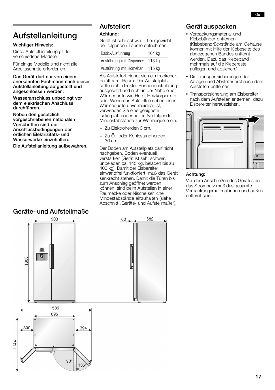 Aufstellanleitung, Aufstellort, Gerät auspacken | Geräteć und aufstellmaße | Neff K3990X7 User Manual | Page 17 / 240