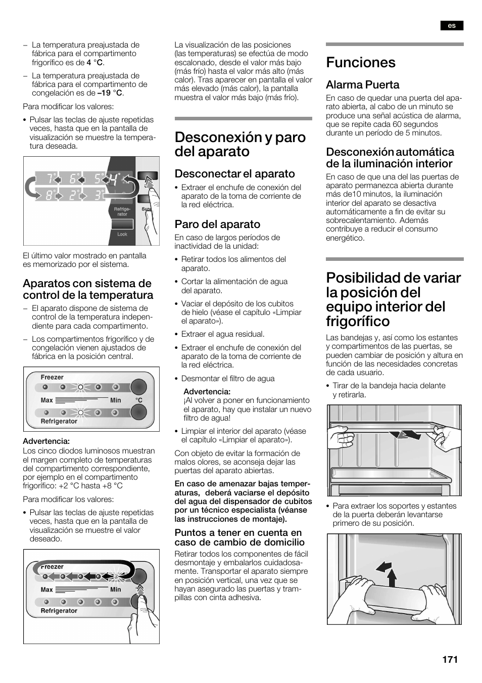 Desconexión y paro del aparato, Funciones, Aparatos con sistema de control de la temperatura | Desconectar el aparato, Paro del aparato, Alarma puerta, Desconexión automática de la iluminación interior | Neff K3990X7 User Manual | Page 171 / 240