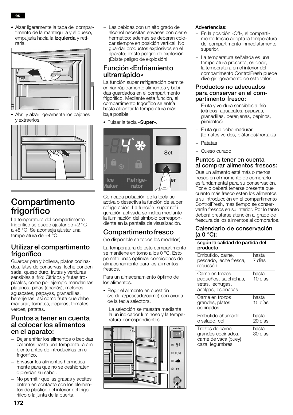 Compartimento frigorífico, Utilizar el compartimento frigorífico, Función «enfriamiento ultrarrápido | Compartimento fresco | Neff K3990X7 User Manual | Page 172 / 240