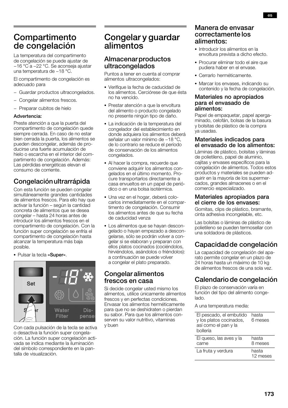 Compartimento de congelación, Congelar y guardar alimentos, Congelación ultrarrápida | Almacenar productos ultracongelados, Congelar alimentos frescos en casa, Manera de envasar correctamente los alimentos, Capacidad de congelación, Calendario de congelación | Neff K3990X7 User Manual | Page 173 / 240