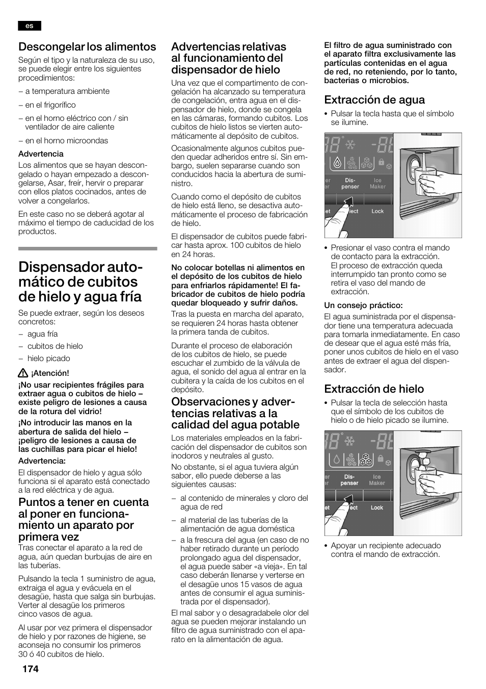 Descongelar los alimentos, Extracción de agua, Extracción de hielo | Neff K3990X7 User Manual | Page 174 / 240