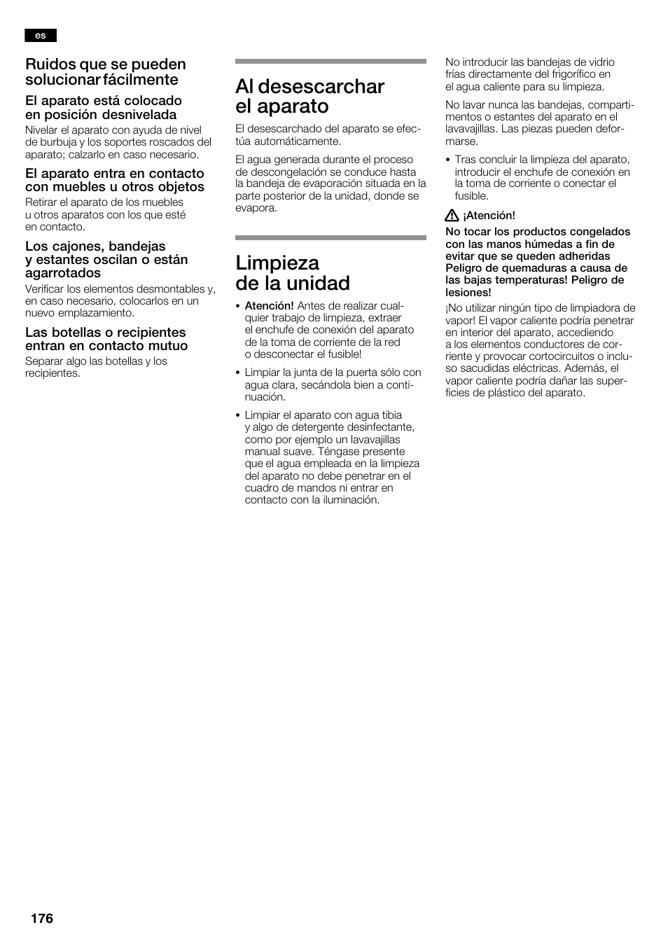 Al desescarchar el aparato, Limpieza de la unidad, Ruidos que se pueden solucionar fácilmente | Neff K3990X7 User Manual | Page 176 / 240