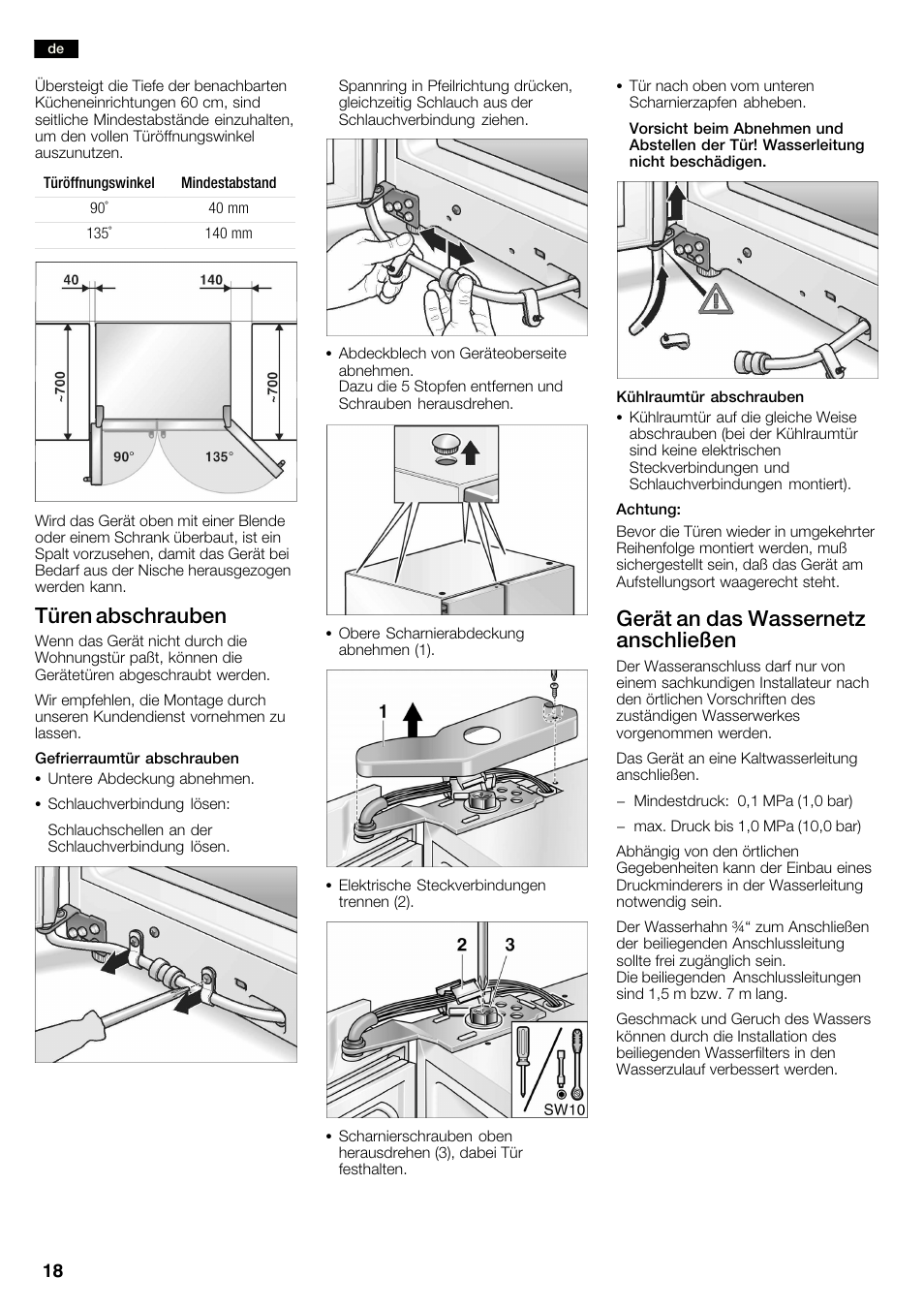 Türen abschrauben, Gerät an das wassernetz anschließen | Neff K3990X7 User Manual | Page 18 / 240
