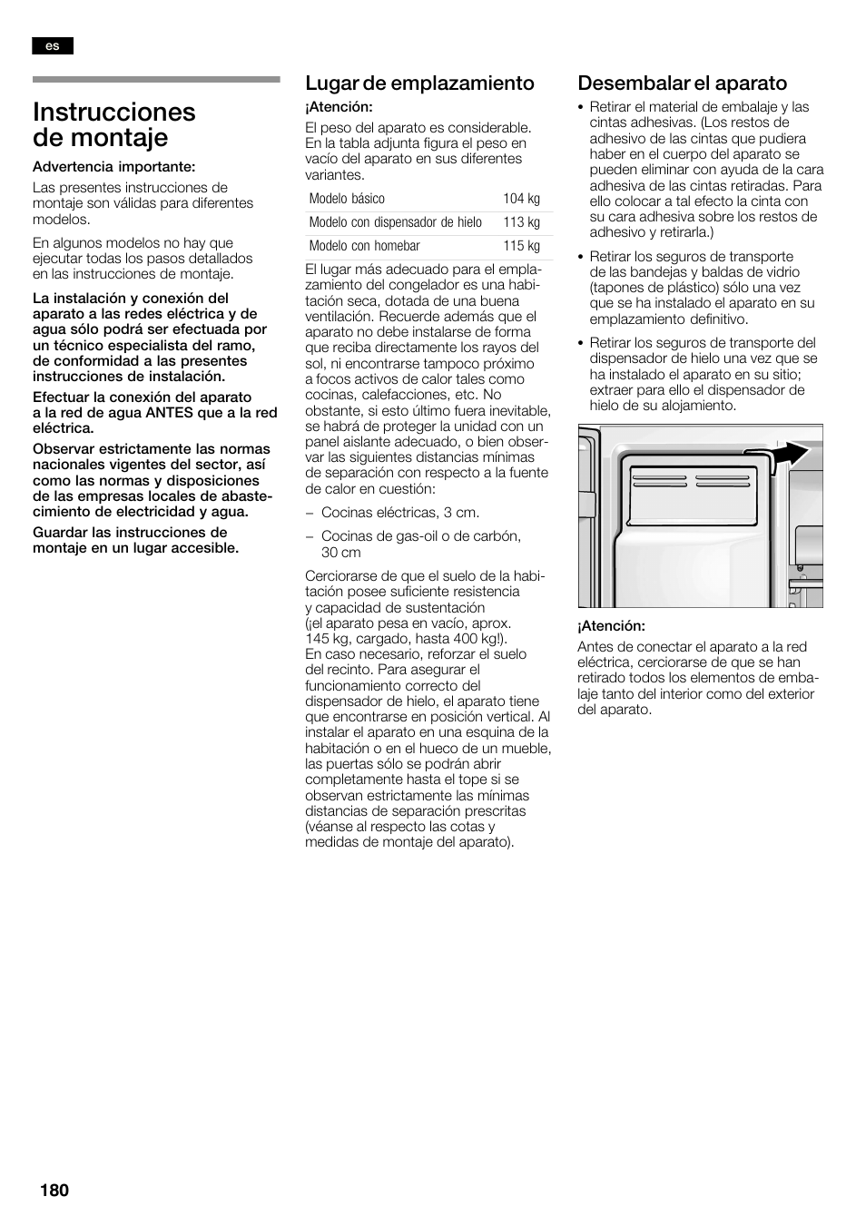 Instrucciones de montaje, Lugar de emplazamiento, Desembalar el aparato | Neff K3990X7 User Manual | Page 180 / 240