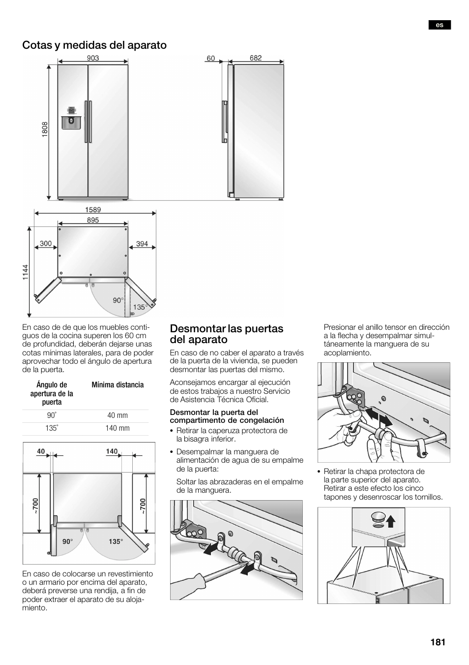 Cotas y medidas del aparato, Desmontar las puertas del aparato | Neff K3990X7 User Manual | Page 181 / 240