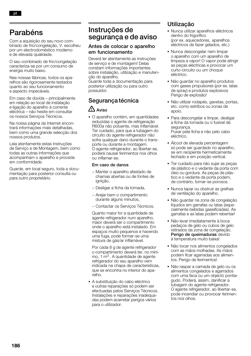 Parabéns, Instruções de segurança e de aviso, Segurança técnica | Utilização | Neff K3990X7 User Manual | Page 186 / 240