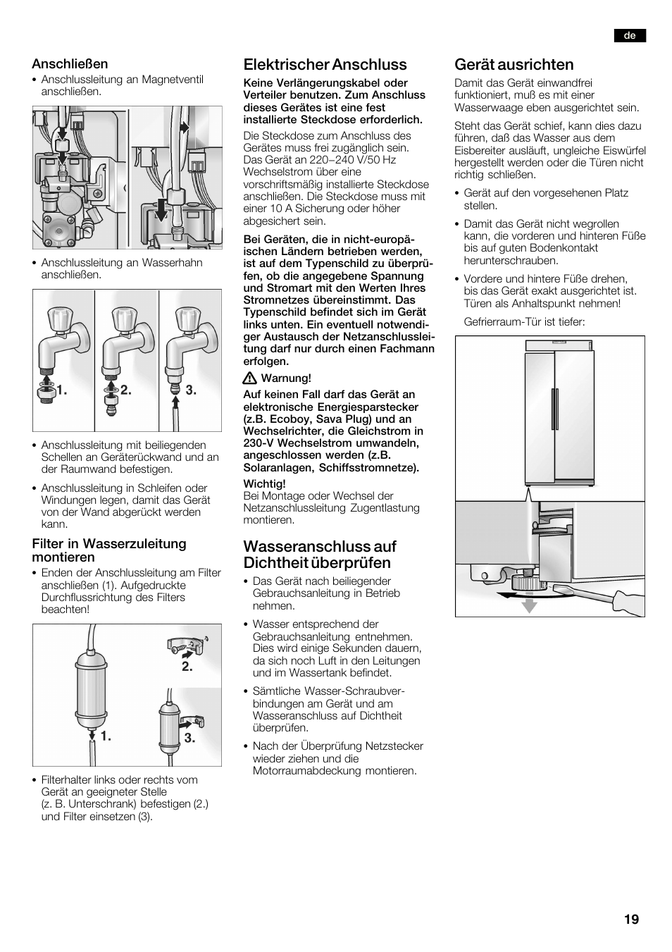 Elektrischer anschluss, Wasseranschluss auf dichtheit überprüfen, Gerät ausrichten | Neff K3990X7 User Manual | Page 19 / 240