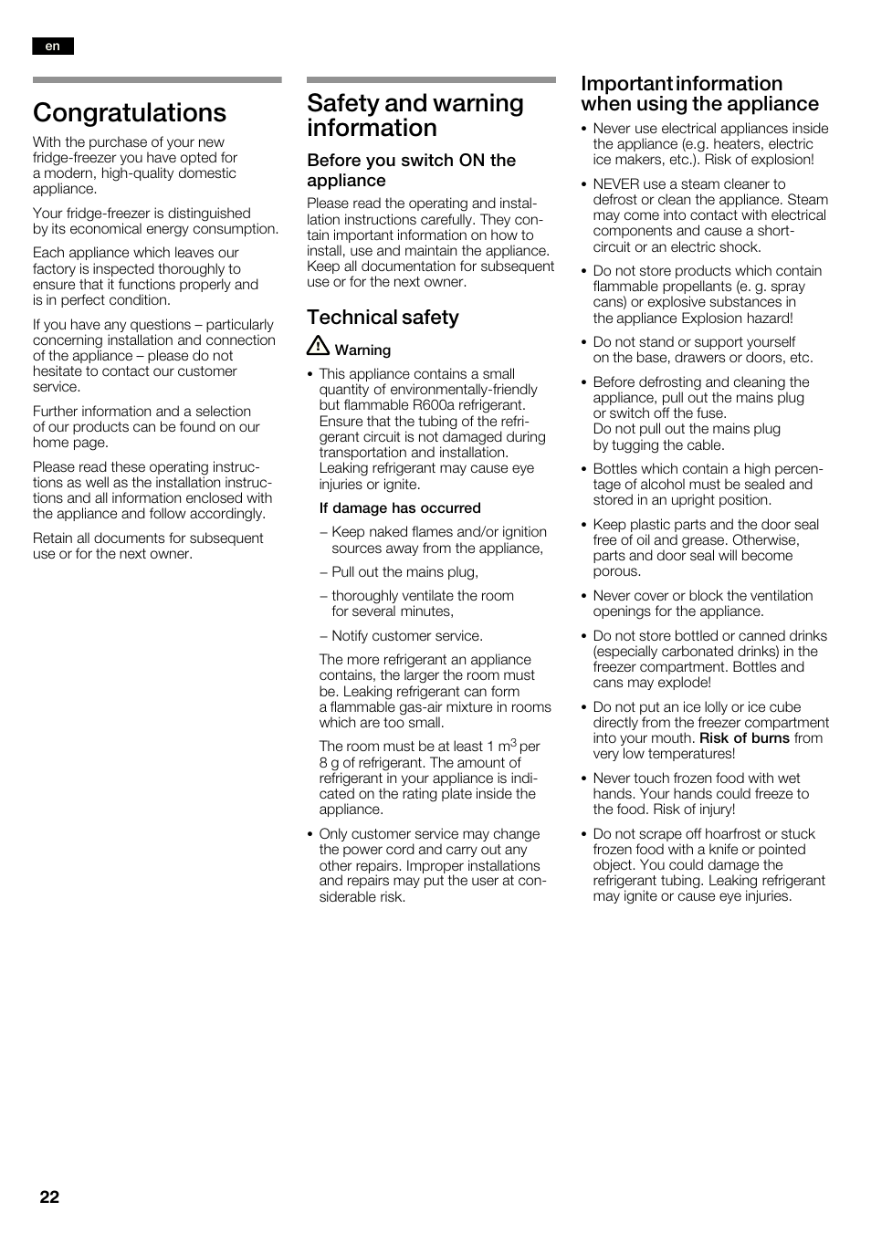Safety and warning information, Technical safety, Important information when using the appliance | Neff K3990X7 User Manual | Page 22 / 240