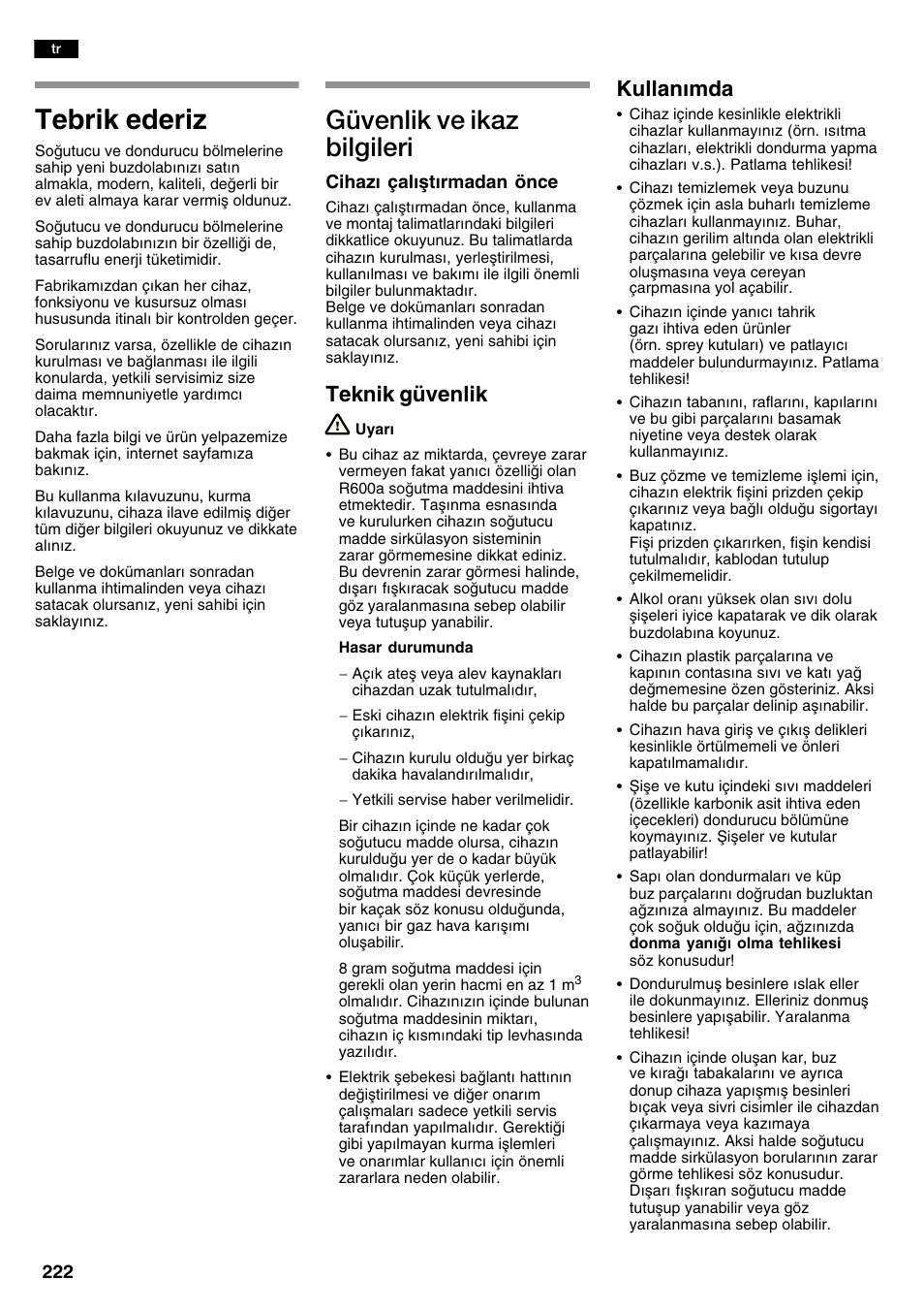 Tebrik ederiz, Güvenlik ve ikaz bilgileri, Teknik güvenlik | Kullanmda | Neff K3990X7 User Manual | Page 222 / 240