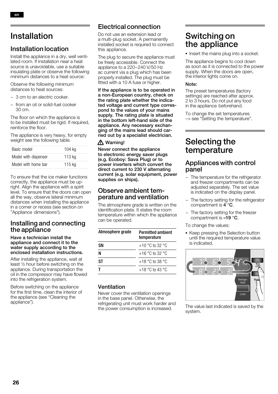 Installation, Switching on the appliance, Selecting the temperature | Installation location, Installing and connecting the appliance, Electrical connection, Observe ambient temć perature and ventilation, Appliances with control panel | Neff K3990X7 User Manual | Page 26 / 240