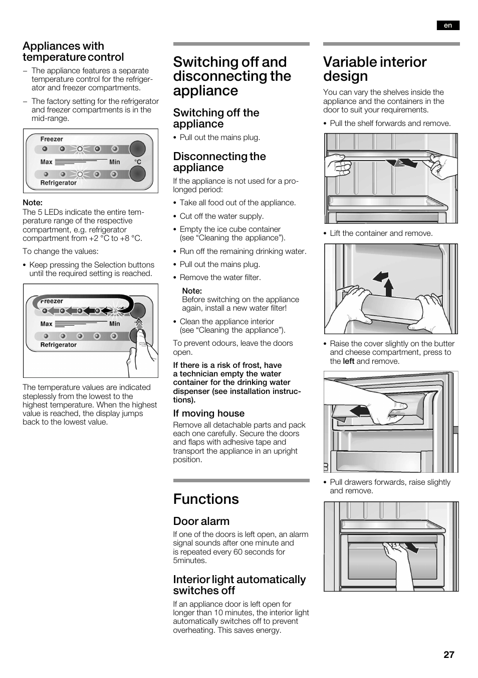 Switching off and disconnecting the appliance, Functions, Variable interior design | Appliances with temperature control, Switching off the appliance, Disconnecting the appliance, Door alarm, Interior light automatically switches off | Neff K3990X7 User Manual | Page 27 / 240