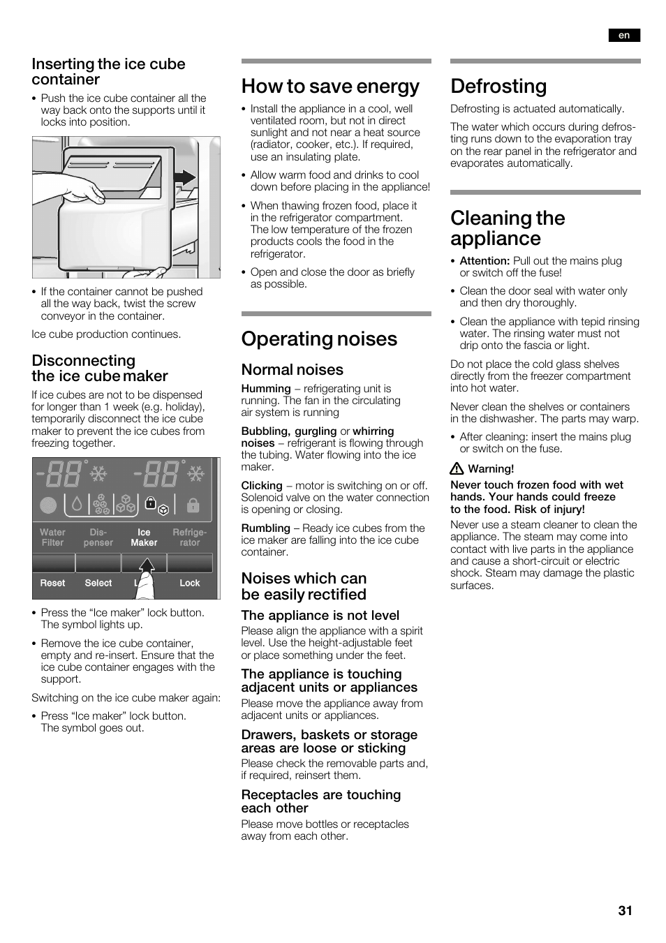 How to save energy, Operating noises, Defrosting | Cleaning the appliance, Inserting the ice cube container, Disconnecting the ice cube maker, Normal noises, Noises which can be easily rectified | Neff K3990X7 User Manual | Page 31 / 240
