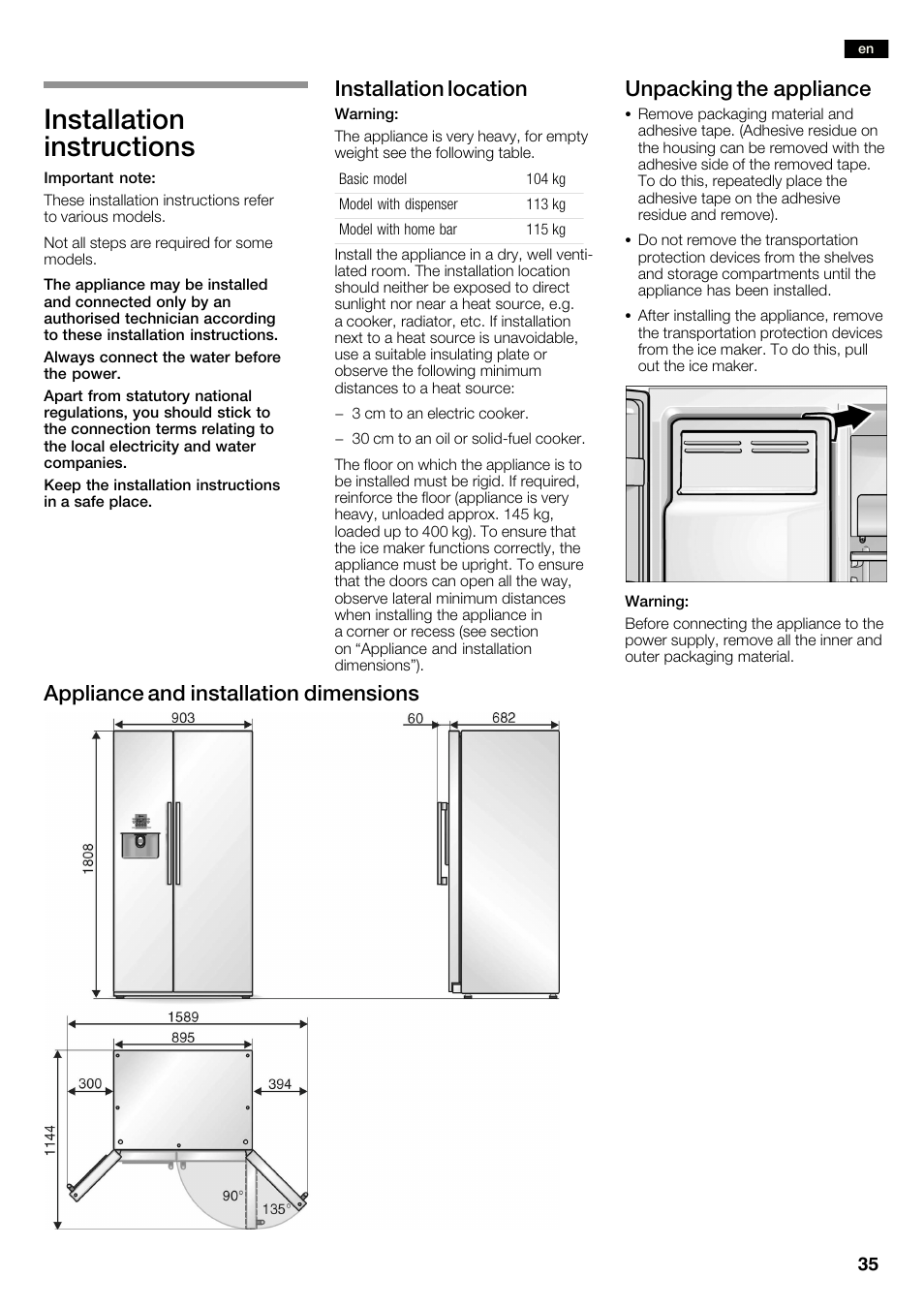 Installation instructions, Installation location, Unpacking the appliance | Appliance and installation dimensions | Neff K3990X7 User Manual | Page 35 / 240
