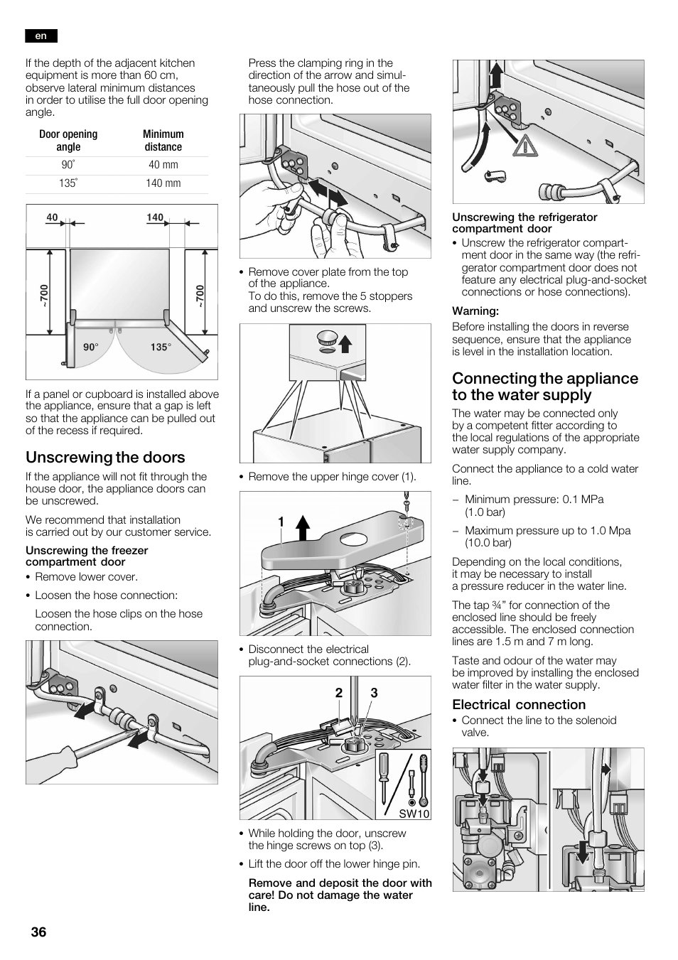 Unscrewing the doors, Connecting the appliance to the water supply | Neff K3990X7 User Manual | Page 36 / 240
