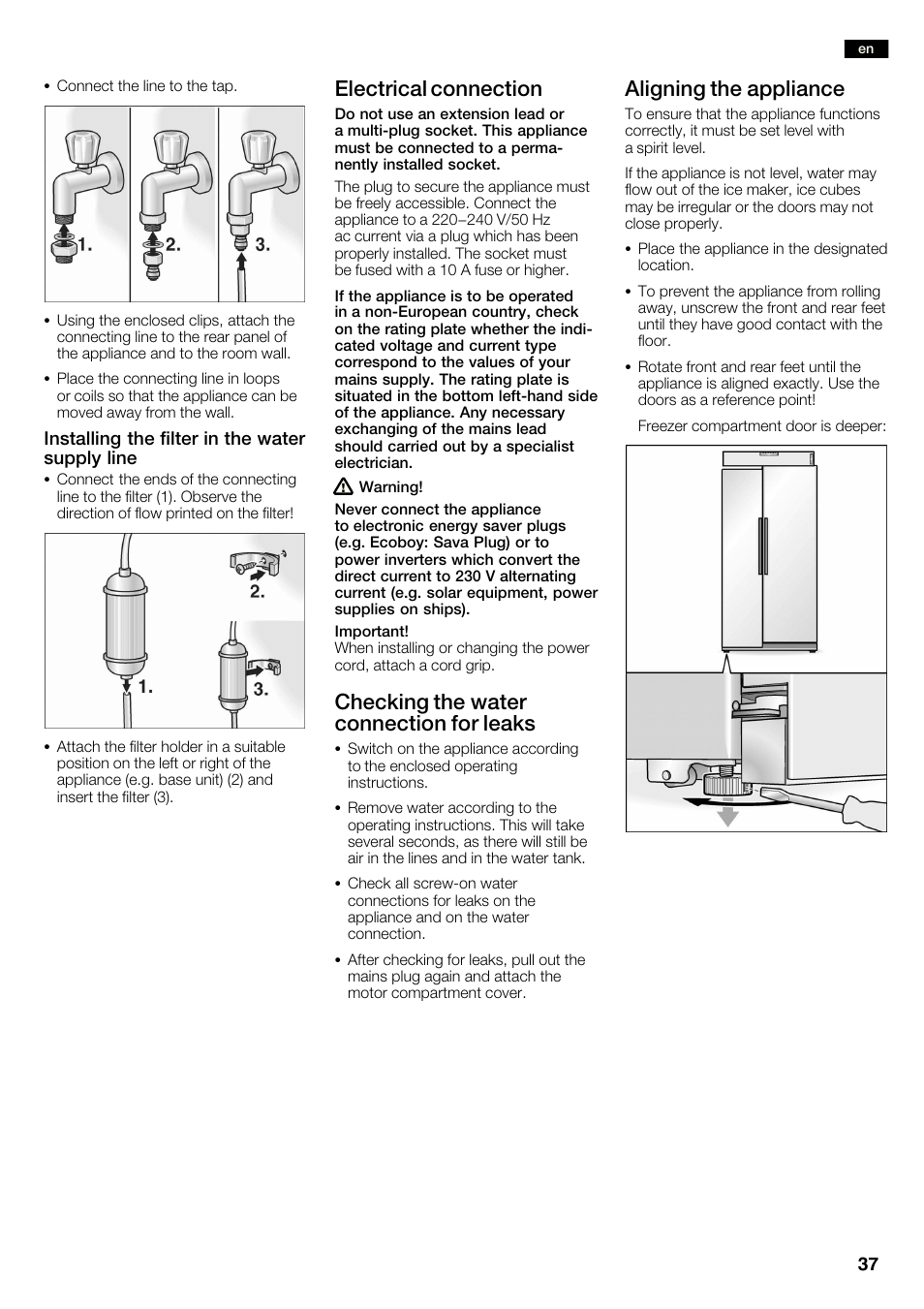 Electrical connection, Checking the water connection for leaks, Aligning the appliance | Neff K3990X7 User Manual | Page 37 / 240