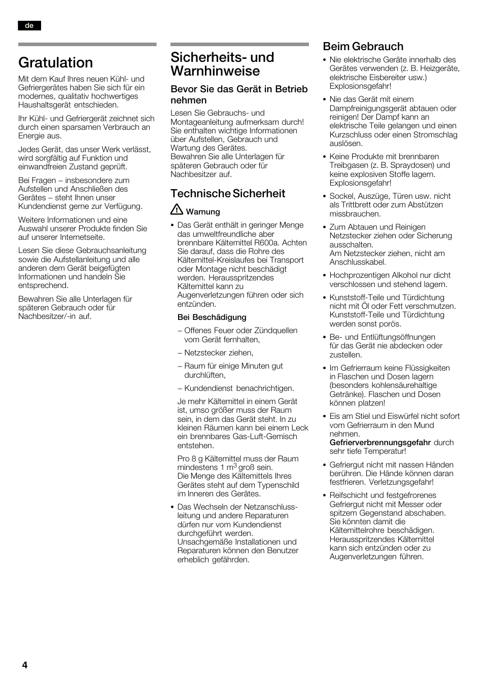Gratulation, Sicherheitsć und warnhinweise, Technische sicherheit | Beim gebrauch | Neff K3990X7 User Manual | Page 4 / 240