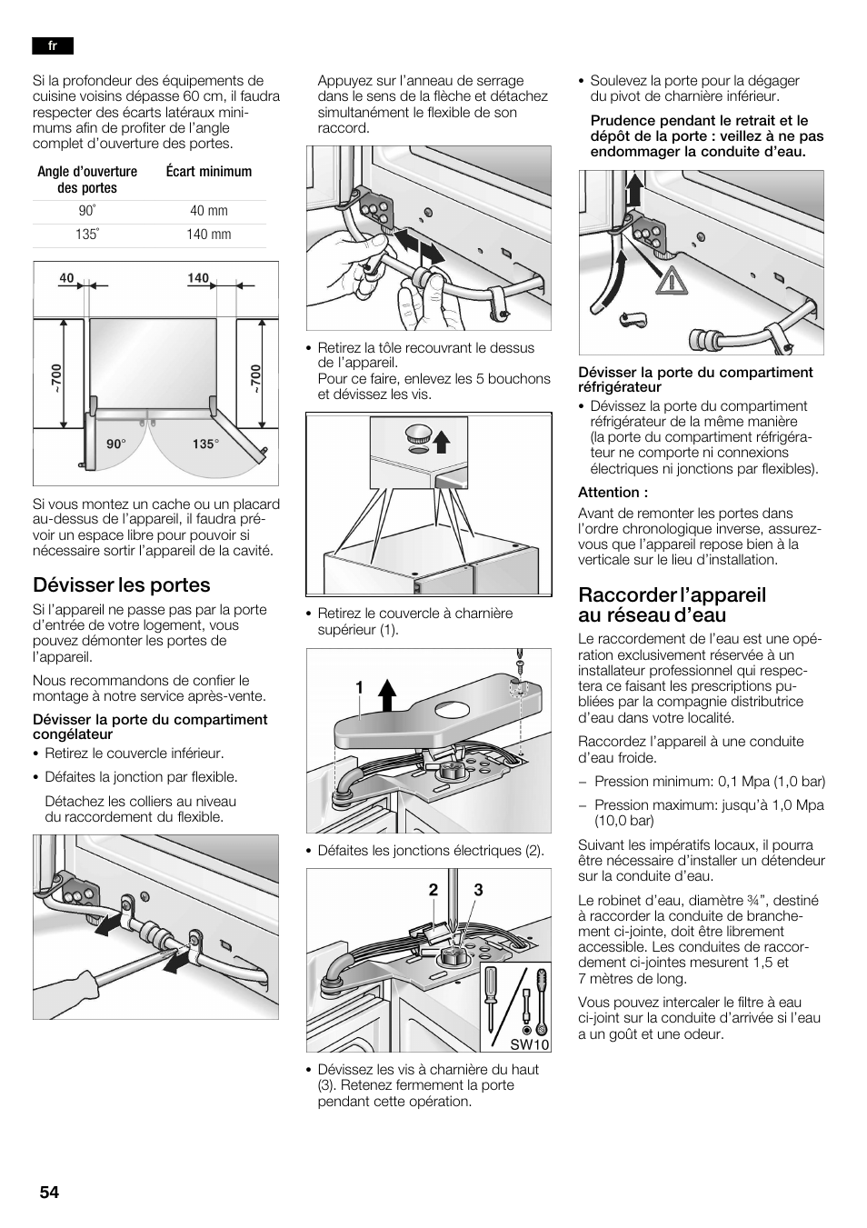 Dévisser les portes, Raccorder l'appareil au réseau d'eau | Neff K3990X7 User Manual | Page 54 / 240