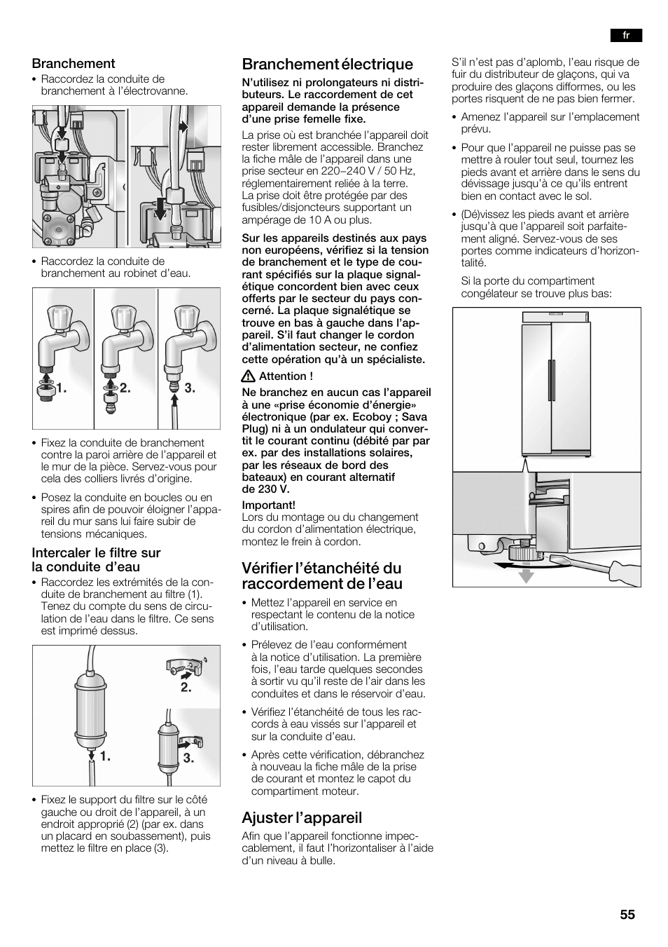 Branchement électrique, Vérifier l'étanchéité du raccordement de l'eau, Ajuster l'appareil | Neff K3990X7 User Manual | Page 55 / 240