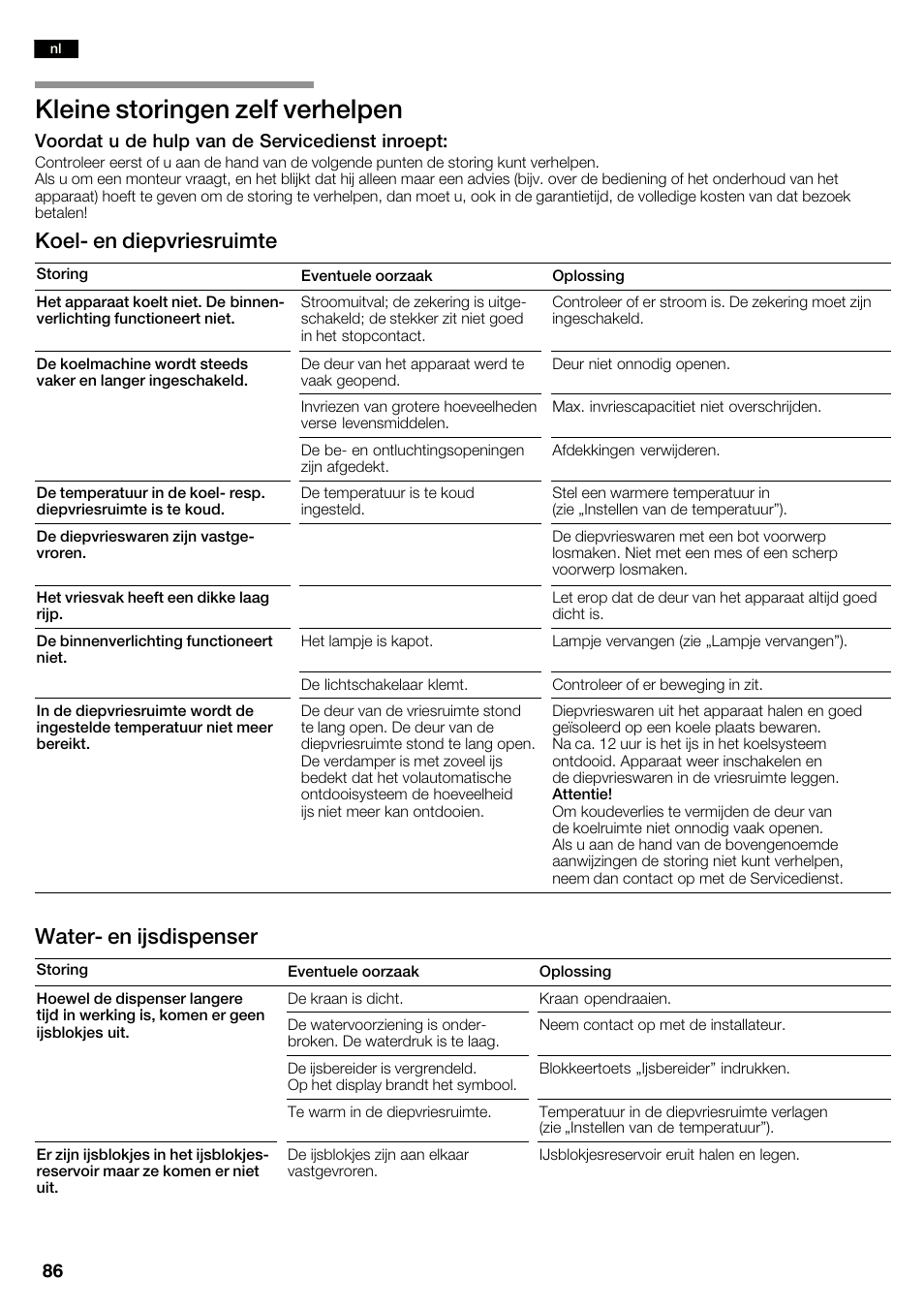 Kleine storingen zelf verhelpen, Koelć en diepvriesruimte, Waterć en ijsdispenser | Neff K3990X7 User Manual | Page 86 / 240