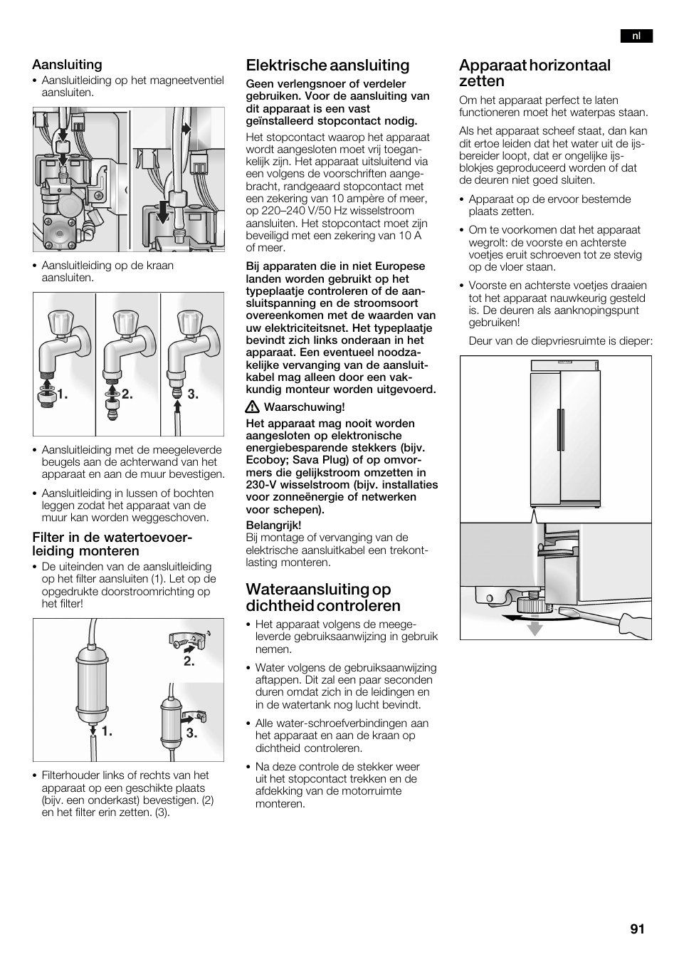 Elektrische aansluiting, Wateraansluiting op dichtheid controleren, Apparaat horizontaal zetten | Neff K3990X7 User Manual | Page 91 / 240