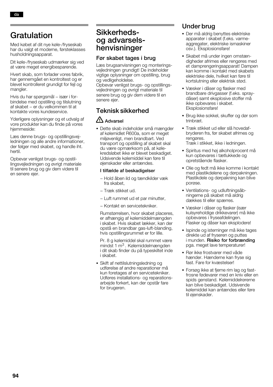 Gratulation, Sikkerhedsć og advarselsć henvisninger, Teknisk sikkerhed | Under brug | Neff K3990X7 User Manual | Page 94 / 240
