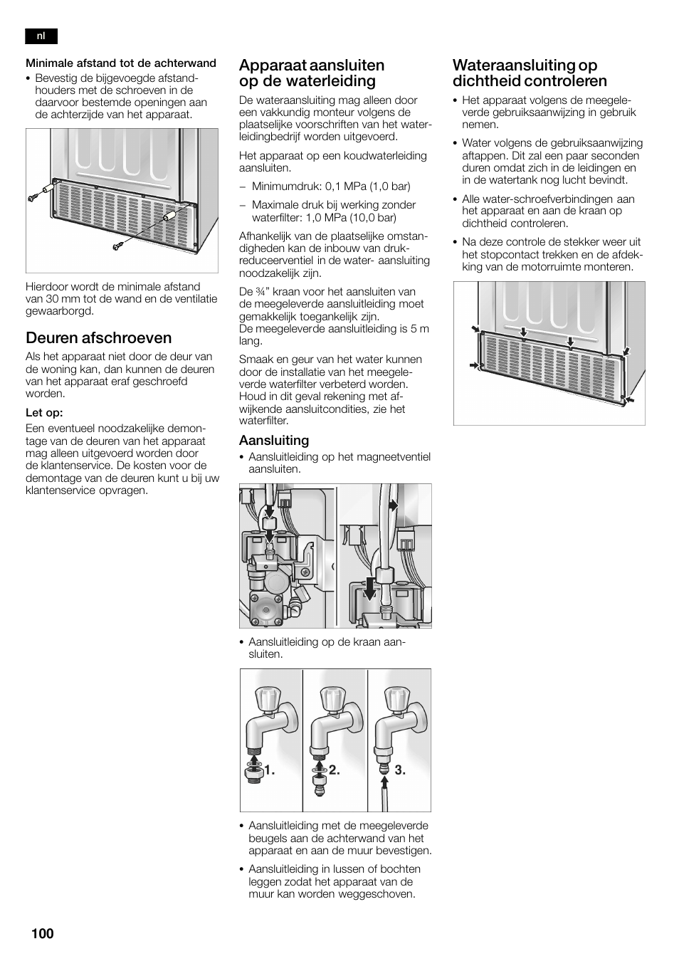 Deuren afschroeven, Apparaat aansluiten op de waterleiding, Wateraansluiting op dichtheid controleren | Neff K3990X7 User Manual | Page 100 / 263