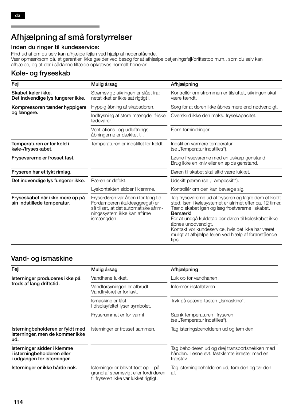 Afhjælpning af små forstyrrelser, Køleć og fryseskab, Vandć og ismaskine | Neff K3990X7 User Manual | Page 114 / 263
