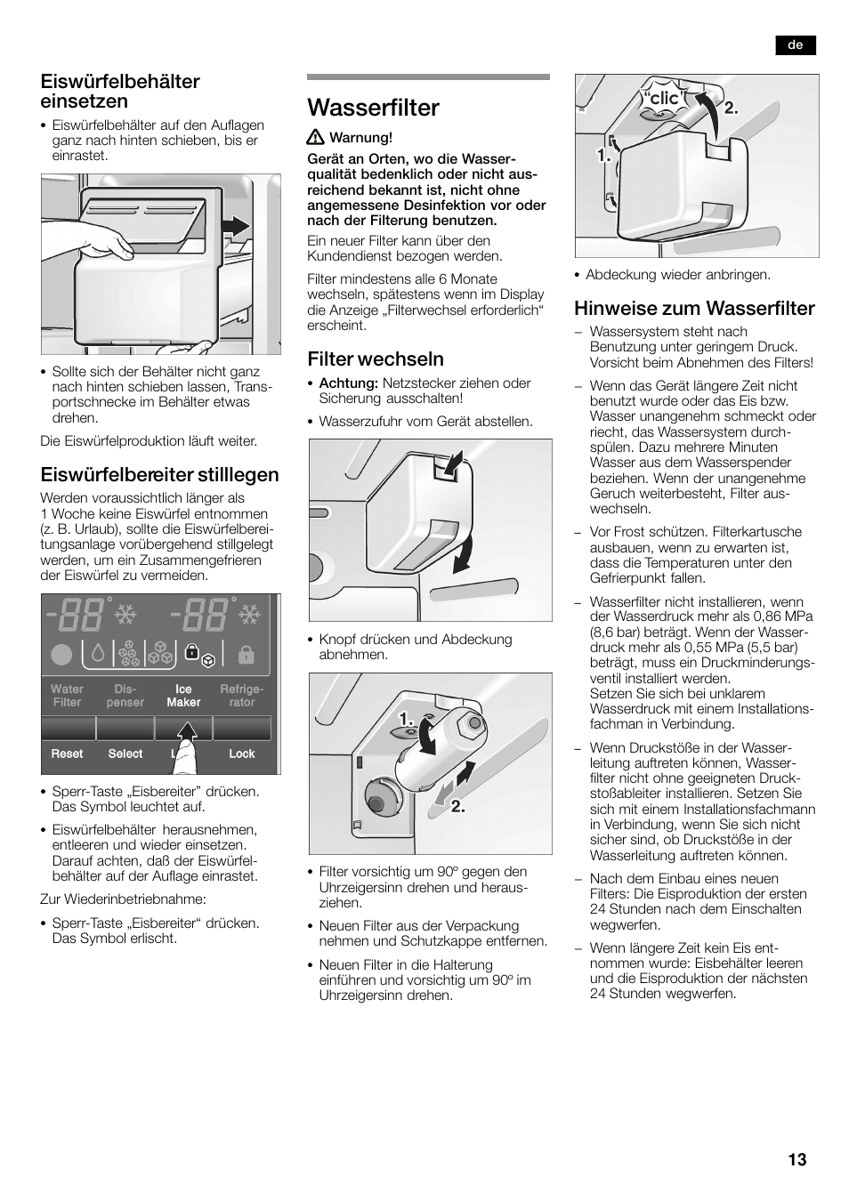 Wasserfilter, Eiswürfelbehälter einsetzen, Eiswürfelbereiter stilllegen | Filter wechseln, Hinweise zum wasserfilter | Neff K3990X7 User Manual | Page 13 / 263