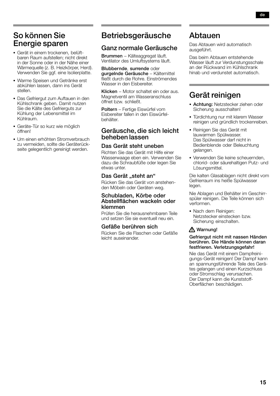 So können sie energie sparen, Betriebsgeräusche, Abtauen | Gerät reinigen, Ganz normale geräusche, Geräusche, die sich leicht beheben lassen | Neff K3990X7 User Manual | Page 15 / 263