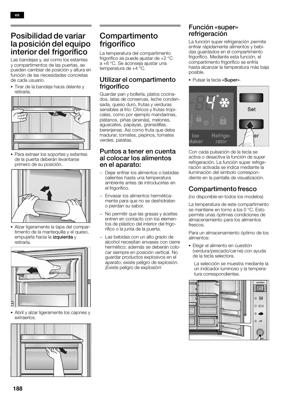 Compartimento frigorífico, Utilizar el compartimento frigorífico, Función «super» refrigeración | Compartimento fresco | Neff K3990X7 User Manual | Page 188 / 263