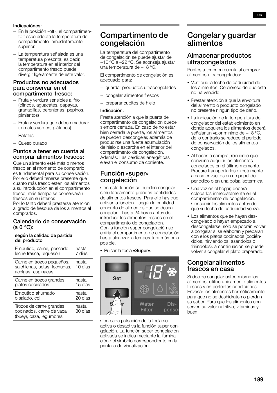 Compartimento de congelación, Congelar y guardar alimentos, Función «super» congelación | Almacenar productos ultracongelados, Congelar alimentos frescos en casa | Neff K3990X7 User Manual | Page 189 / 263