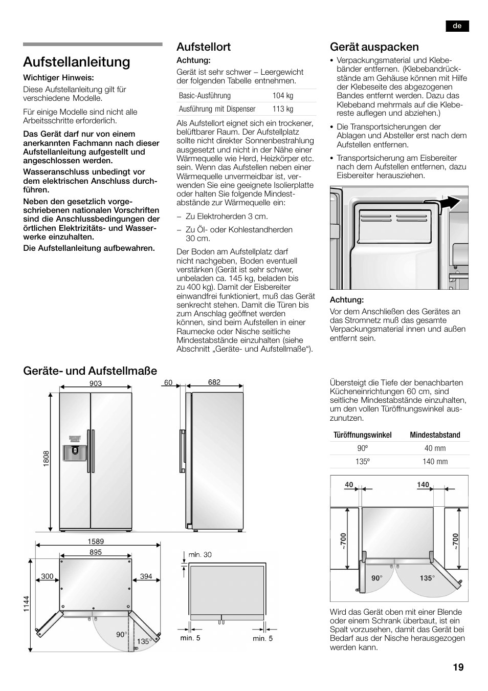 Aufstellanleitung, Aufstellort, Gerät auspacken | Geräteć und aufstellmaße | Neff K3990X7 User Manual | Page 19 / 263